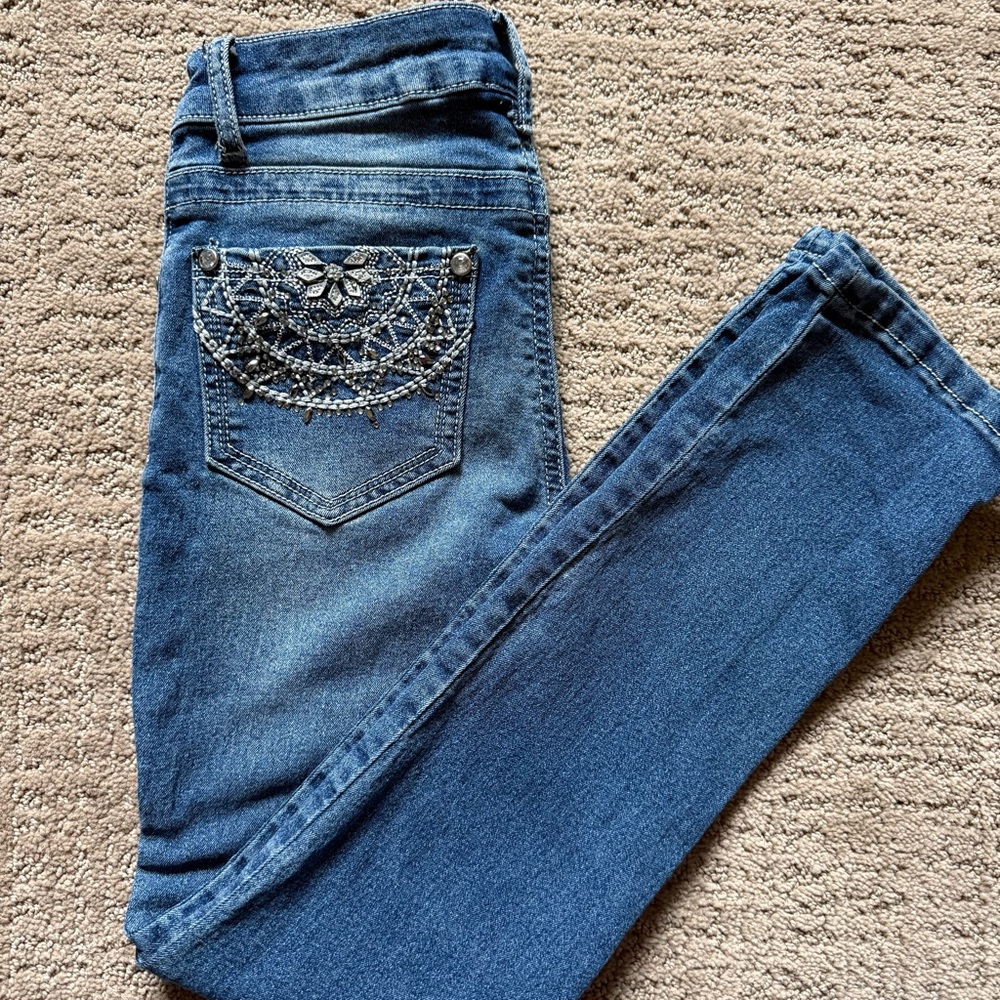 Indigo United Girls Blue Skinny Bootcut Jeans with Embellished Pockets